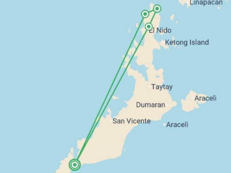 Map of a Beach Tour with 4 destination visits for the trip: Puerto Princesa & El Nido Adventure 8D/7N