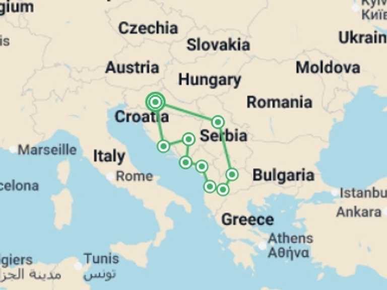 Map itinerary of Balkans Tour in August 2027 with 9 destination visits for the trip: Grand Balkan Discovery: Small Group Tour