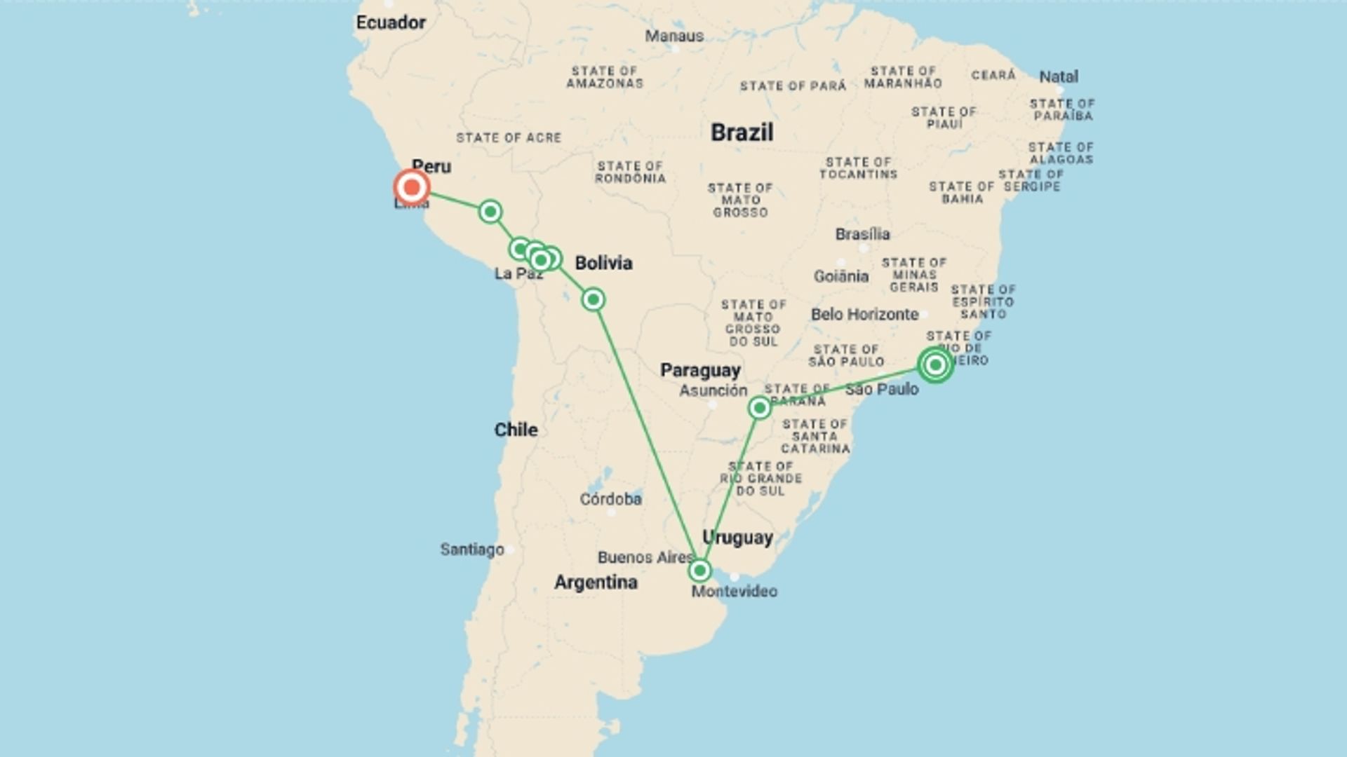 A map showing the tour itinerary for the trip: Highlights of South America - 21 days, starting in Rio de Janeiro, Brazil and ending in Lima, Peru going through 7 other destinations.