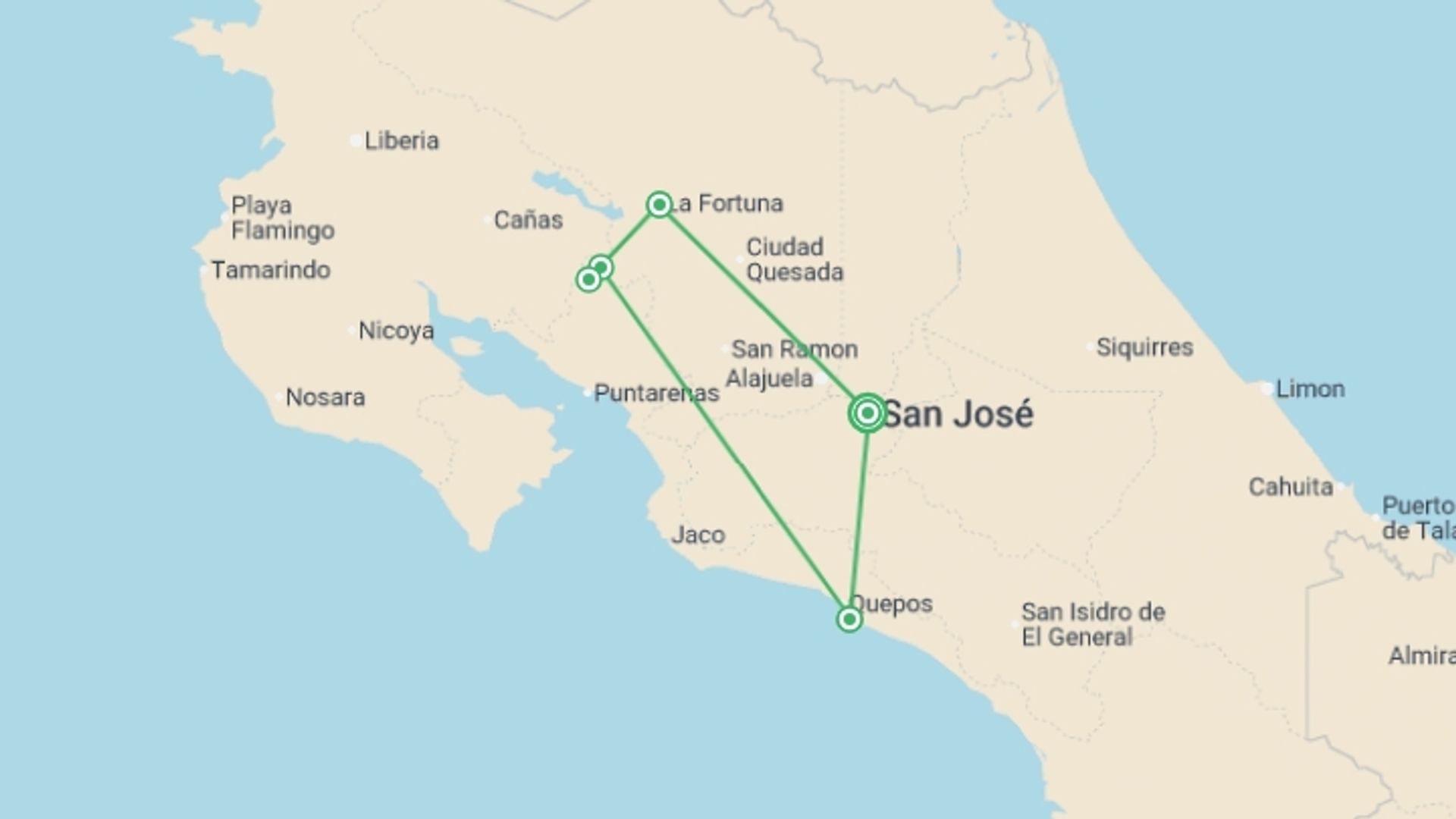 A map showing the tour itinerary for the trip: Premium Costa Rica, starting in San Jose, Costa Rica and ending in San Jose, Costa Rica going through 4 other destinations.