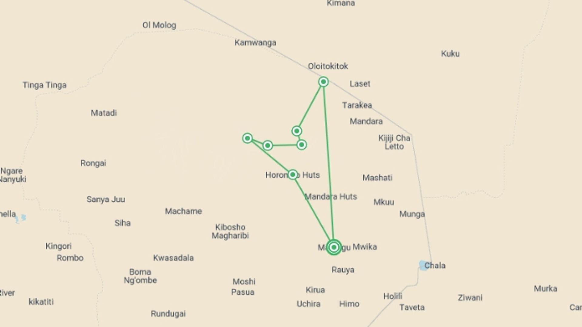 A map showing the tour itinerary for the trip: Mt Kilimanjaro Climb - 8 days, starting in Marangu, Tanzania and ending in Marangu, Tanzania going through 7 other destinations.