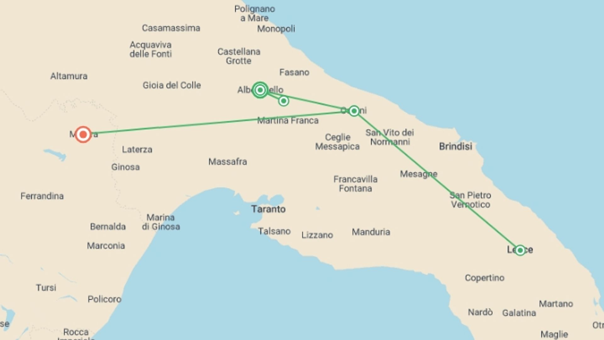A map showing the tour itinerary for the trip: Walking in Puglia & Matera, starting in Alberobello, Italy and ending in Matera, Italy going through 2 other destinations.