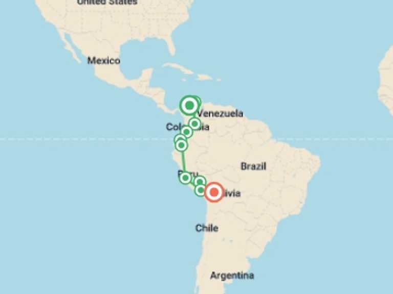 Map of a Overland Journeys Tour with 10 destination visits for the trip: Cartagena To La Paz (58 Days) Bananas & Llamas