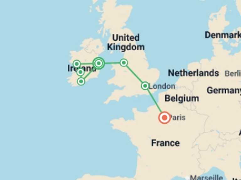 Map itinerary of London Tour in September 2025 with 7 destination visits for the trip: Ireland, the United Kingdom and Paris