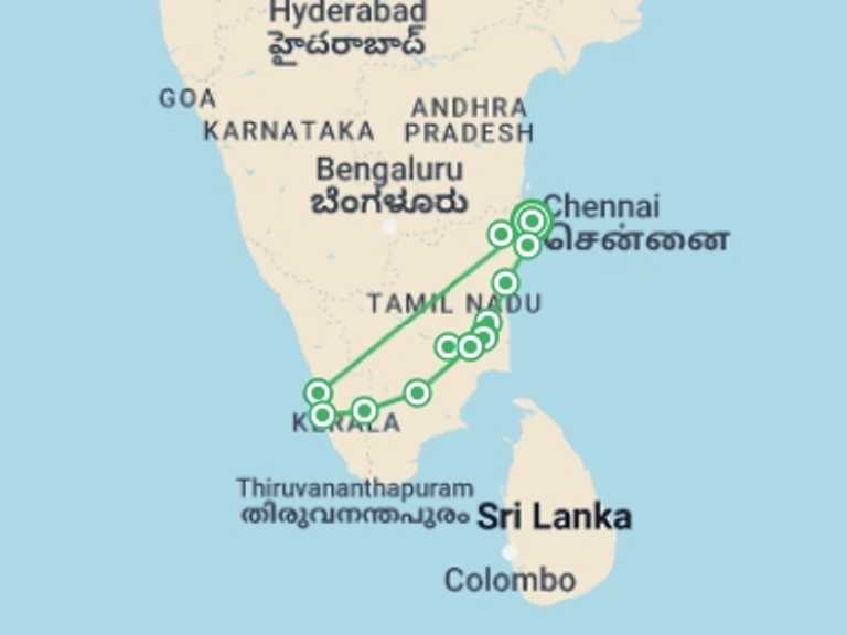 Map of India Art and architecture Tour with 8 destination visits for the trip: Tamil Nadu And Kerala