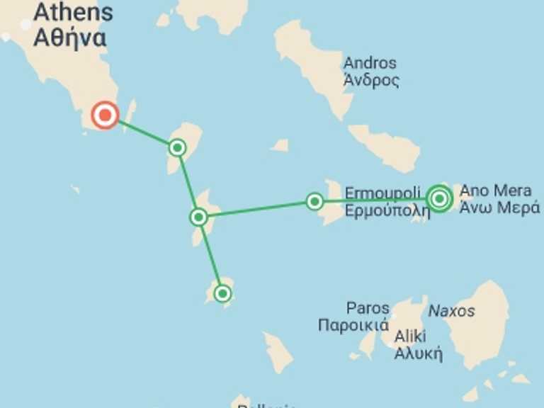Map itinerary of Mediterranean Tour in October 2026 with 6 destination visits for the trip: Sail & Hike Greece: Mykonos to Athens