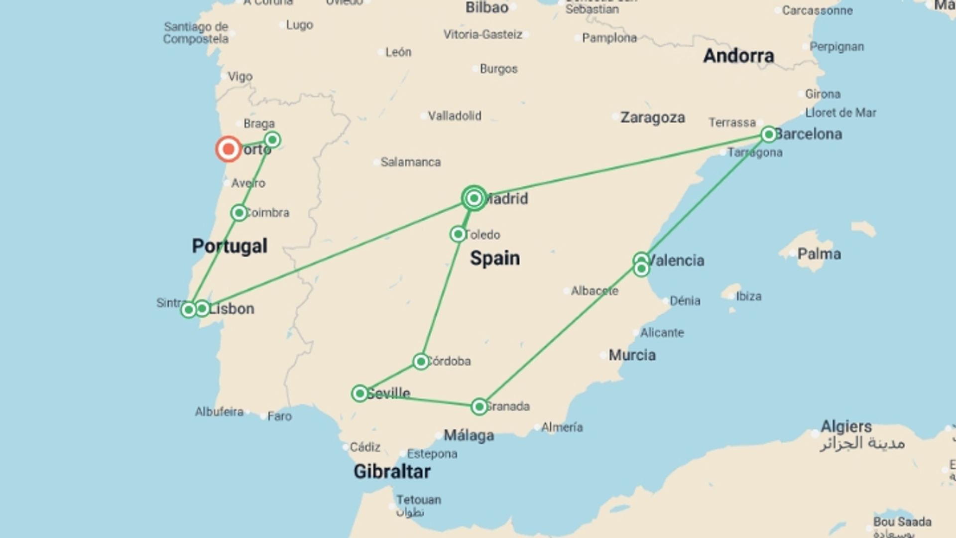 A map showing the tour itinerary for the trip: Premium Spain & Portugal, starting in Madrid, Spain and ending in Porto, Portugal going through 8 other destinations.