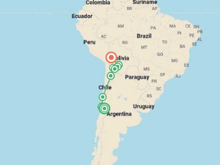 Map of a Lagoons Tour with 9 destination visits for the trip: Santiago to La Paz Travel Pass