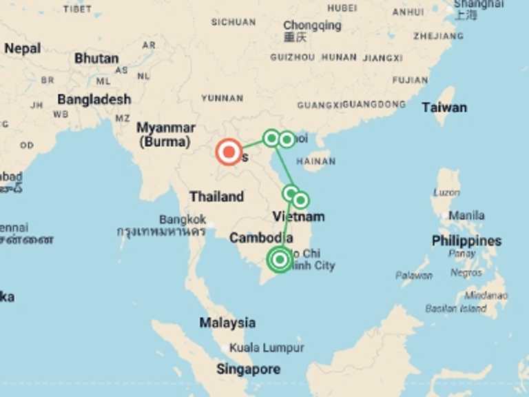 Map itinerary of Asia Tour in January 2027 with 6 destination visits for the trip: Sensational Vietnam and Laos