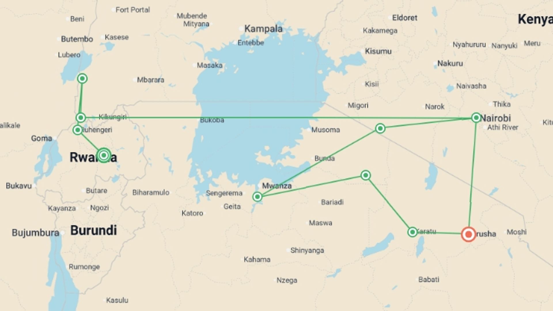 A map showing the tour itinerary for the trip: Gorillas & East Africa Safari, starting in Kigali, Rwanda and ending in Arusha, Tanzania going through 8 other destinations.