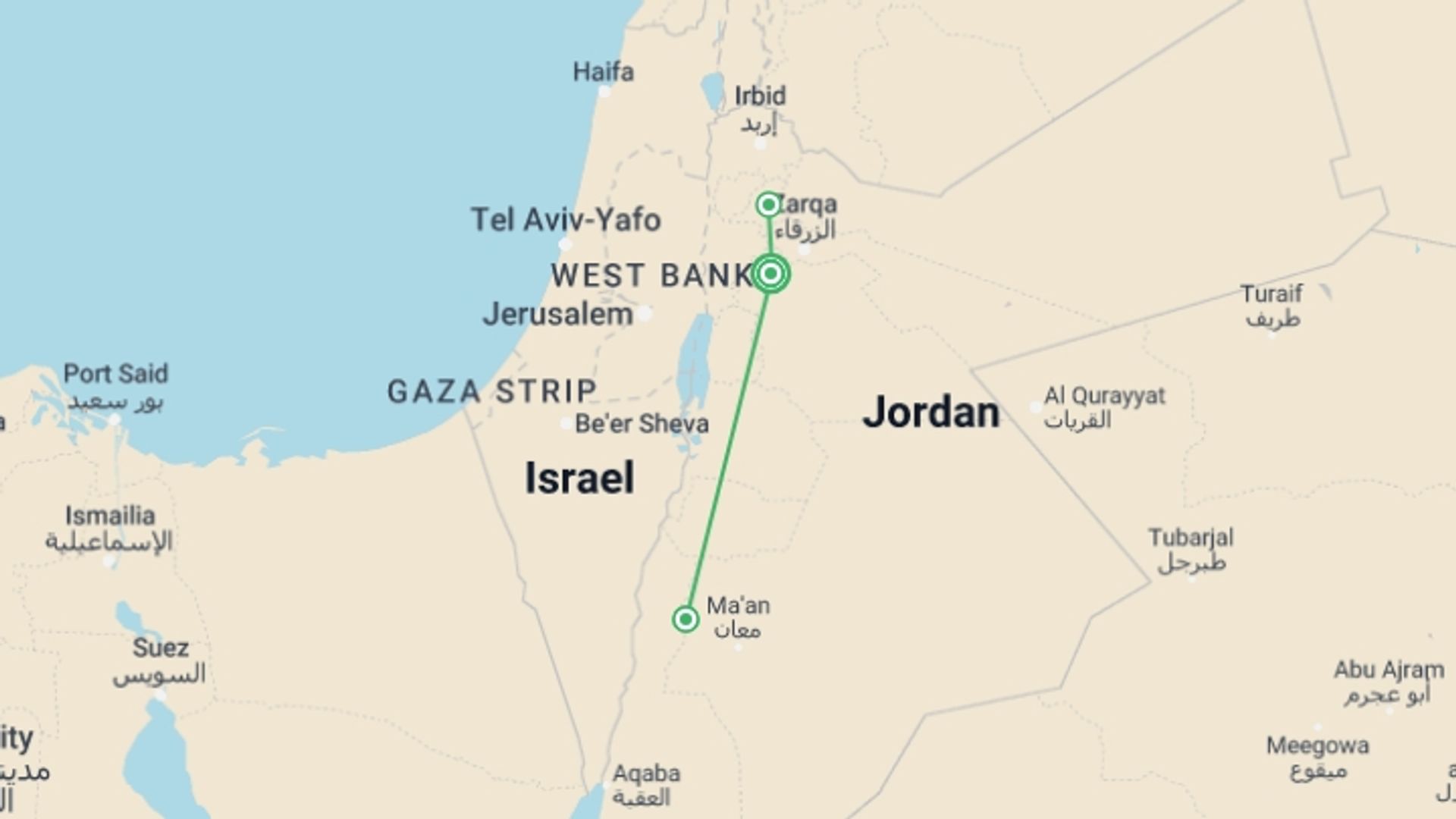 A map showing the tour itinerary for the trip: Jordan Discovery, starting in Amman, Jordan and ending in Amman, Jordan going through 2 other destinations.