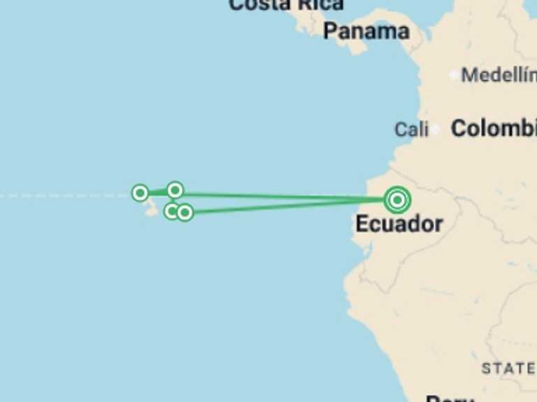 Map itinerary of South America Tour in November 2026 with 5 destination visits for the trip: Galapagos Encounters - 7 days