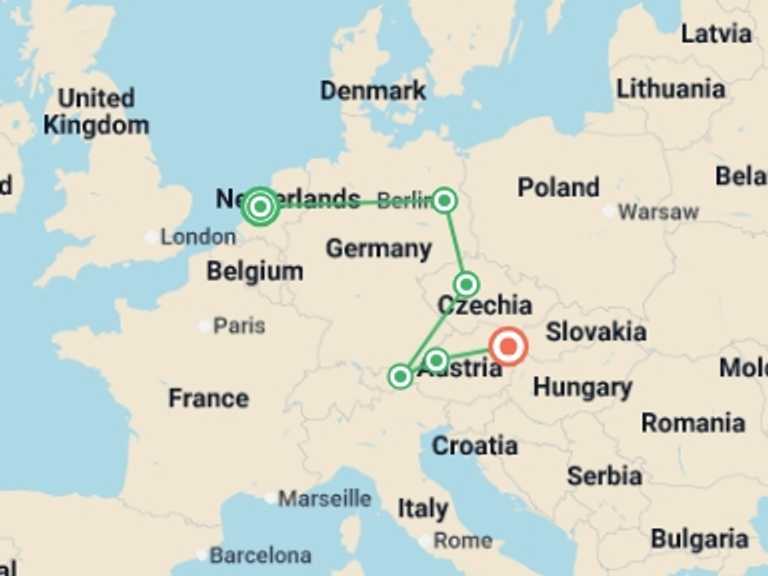Map itinerary of Europe Tour in July 2026 with 6 destination visits for the trip: From Amsterdam to Vienna GO