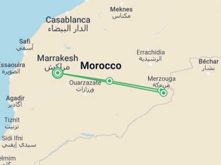 Map itinerary of Marrakech Tour in August 2027 with 5 destination visits for the trip: Morocco Sahara Tour - 4 Days Private Tour from Marrakech