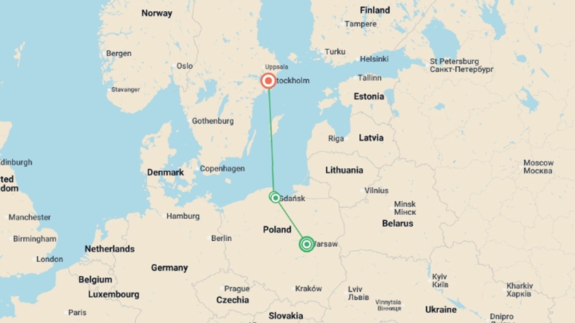 A map showing the tour itinerary for the trip: Heading North End Stockholm, starting in Warsaw, Poland and ending in Stockholm, Sweden going through 2 other destinations.