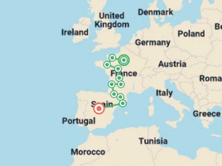 Map itinerary of Mediterranean Tour in March 2026 with 11 destination visits for the trip: Lovely France and Spain
