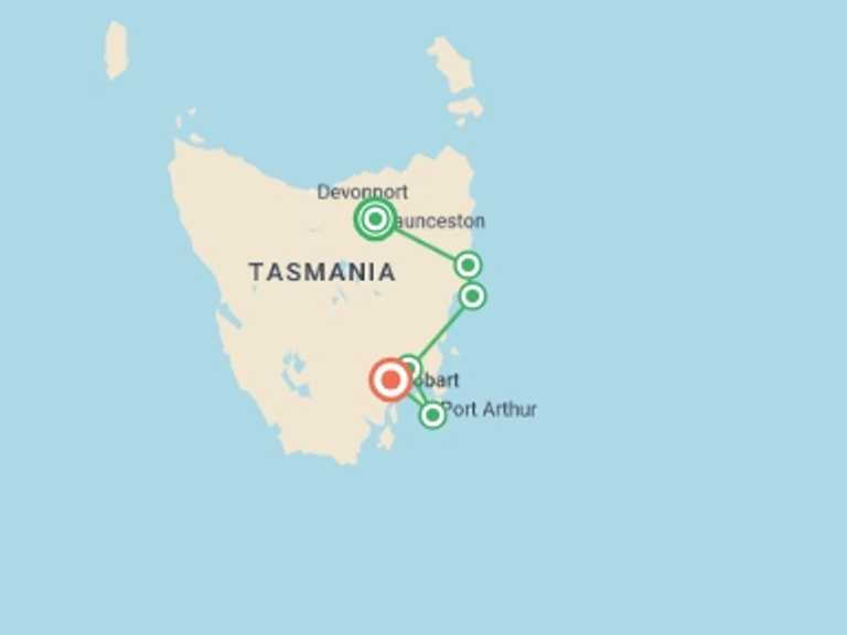 Map itinerary of Oceania Tour in September 2027 with 6 destination visits for the trip: Tasmania's Wilderness and Heritage