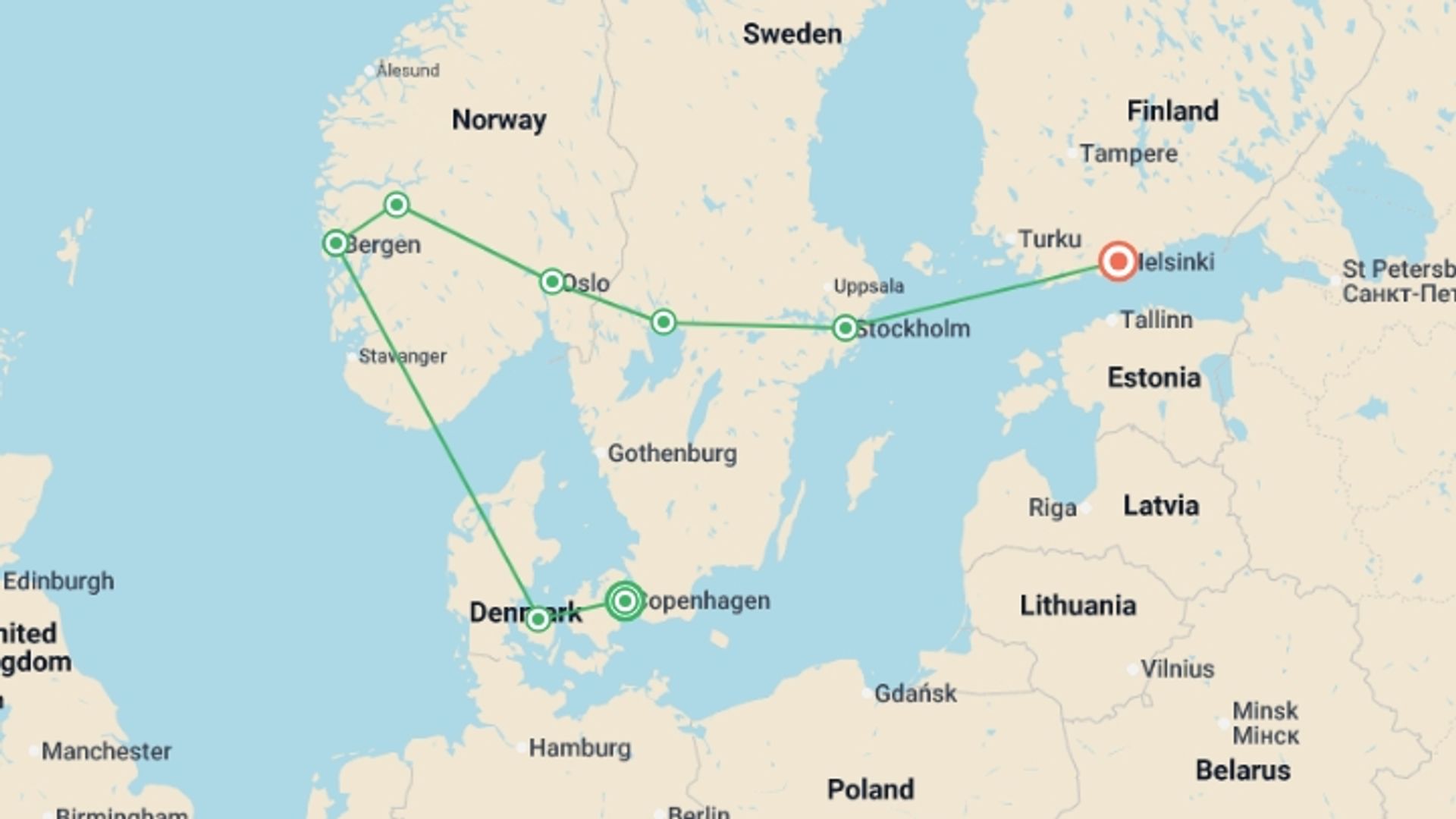 A map showing the tour itinerary for the trip: Copenhagen to Helsinki, starting in Copenhagen, Denmark and ending in Helsinki, Finland going through 4 other destinations.