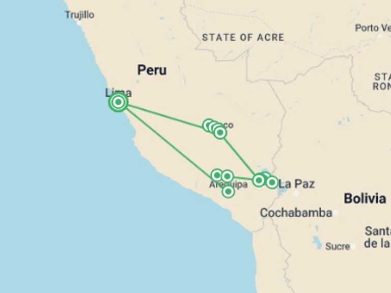 Map of 10-Day Lima Tour with 6 destination visits for the trip: Classic Peru, Italian-speaking Guide