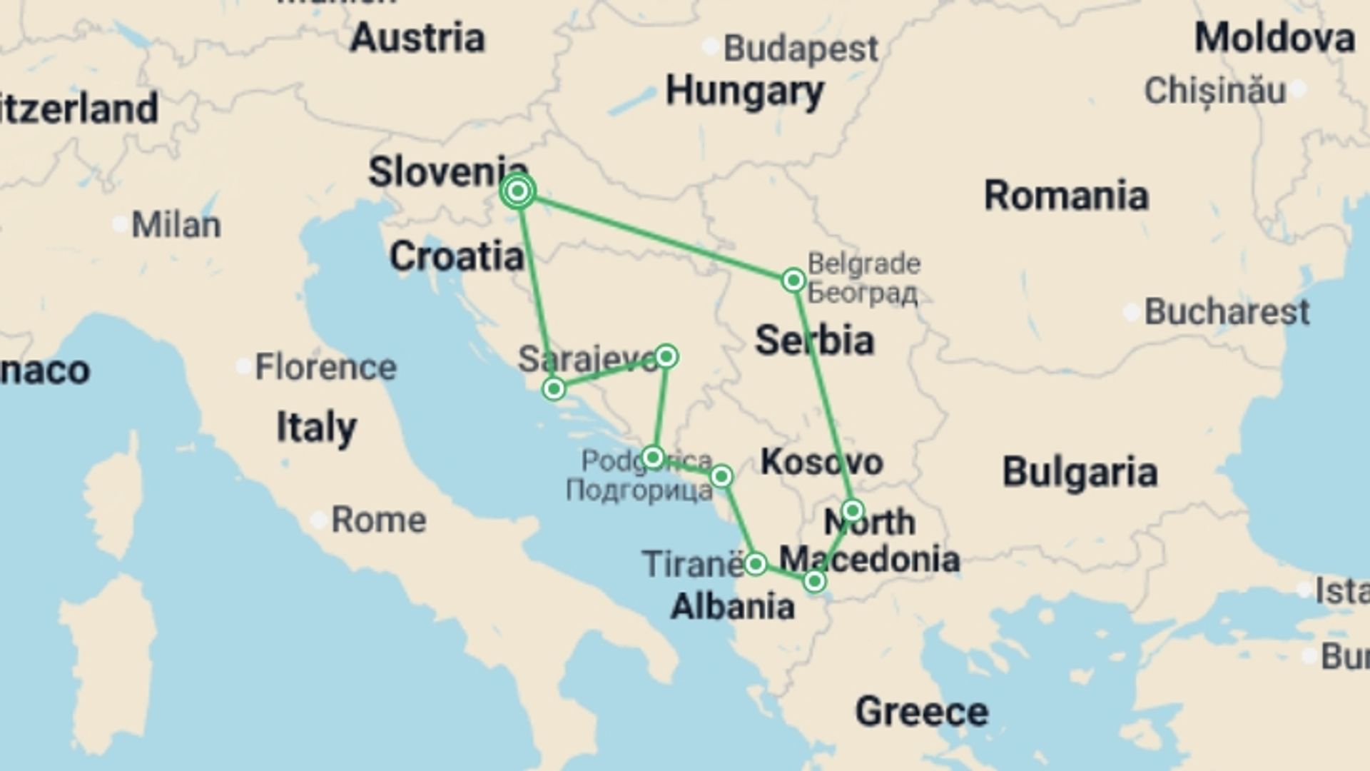 A map showing the tour itinerary for the trip: Grand Balkan Discovery: Small Group Tour, starting in Zagreb, Croatia and ending in Zagreb, Croatia going through 8 other destinations.