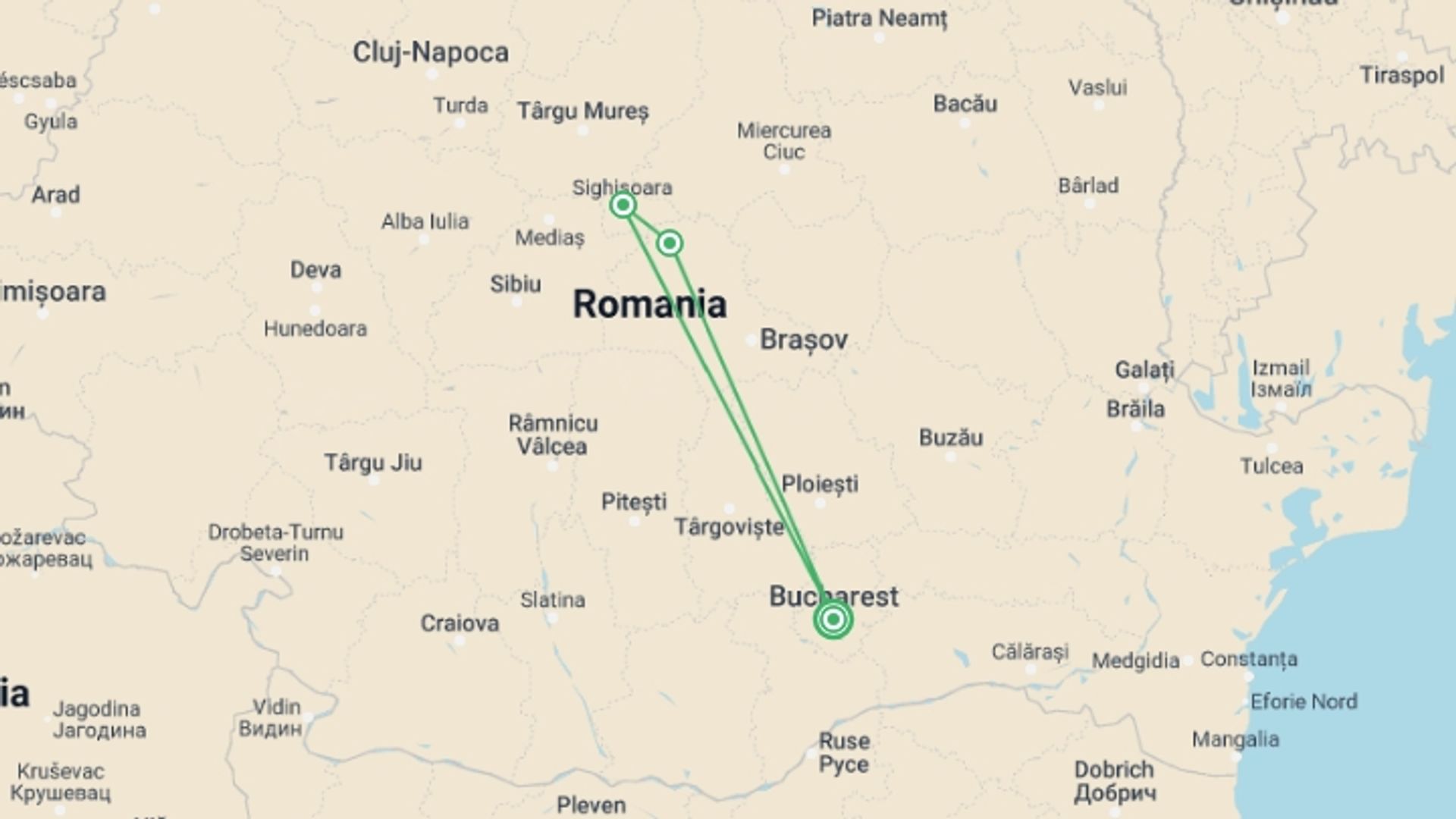 A map showing the tour itinerary for the trip: Romania: Touring Transylvania by Bicycle, starting in Bucharest, Romania and ending in Siubu, Romania going through 2 other destinations.
