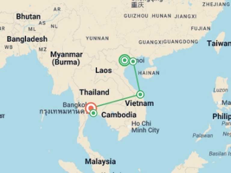 Map of Asia Tour with 5 destination visits for the trip: North Vietnam, Bangkok & Pattaya (4 Star) - 14 days