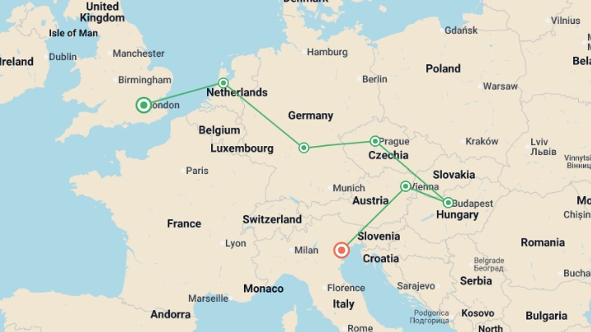A map showing the tour itinerary for the trip: European Rhapsody, starting in London, England and ending in Venice, Italy going through 0 other destinations.