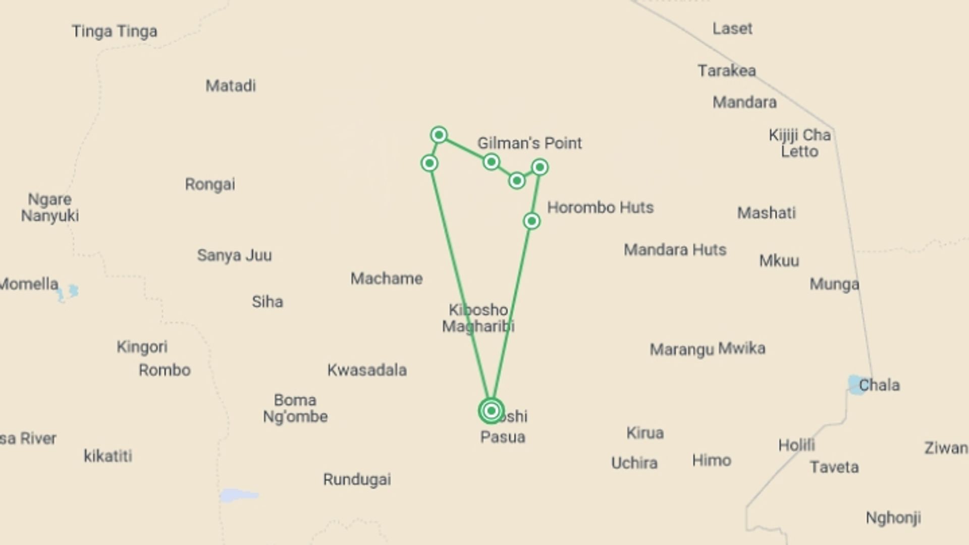 A map showing the tour itinerary for the trip: 7-Day Kilimanjaro Climb via Machame Route, starting in Moshi, Tanzania and ending in Moshi, Tanzania going through 7 other destinations.