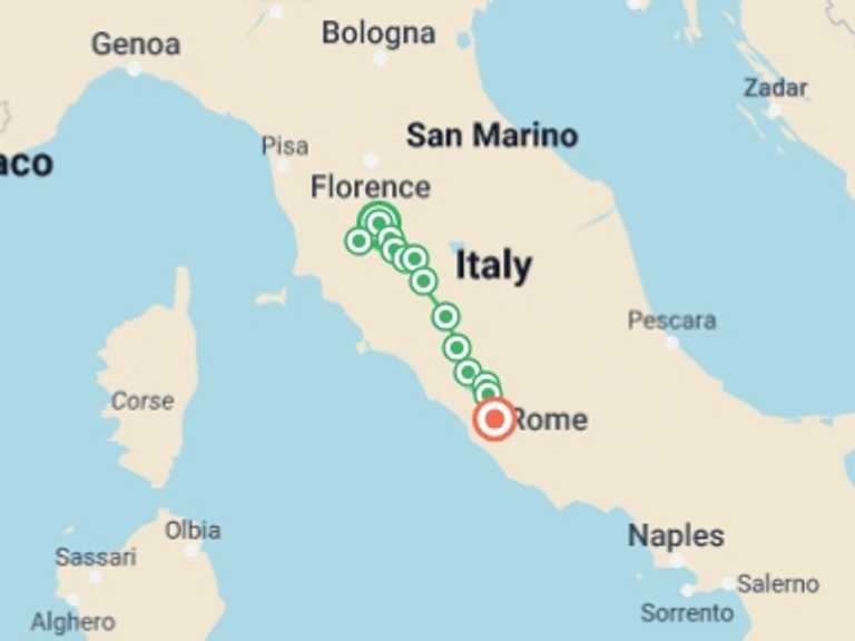 Map of 9-Day Rome Tour with 8 destination visits for the trip: Cycle the Via Francigena - Siena to Rome