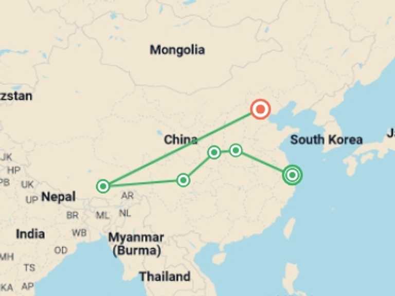 Map itinerary of China Tour in January 2027 with 6 destination visits for the trip: Discover China and Lhasa
