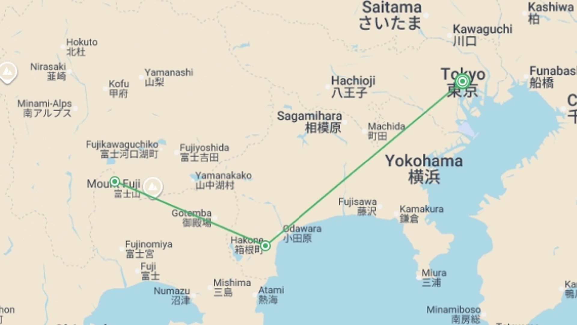 A map showing the tour itinerary for the trip: Hakone Discovery, Gateway to Mt. Fuji 3D/2N, starting in Tokyo, Japan and ending in Tokyo, Japan going through 1 other destinations.