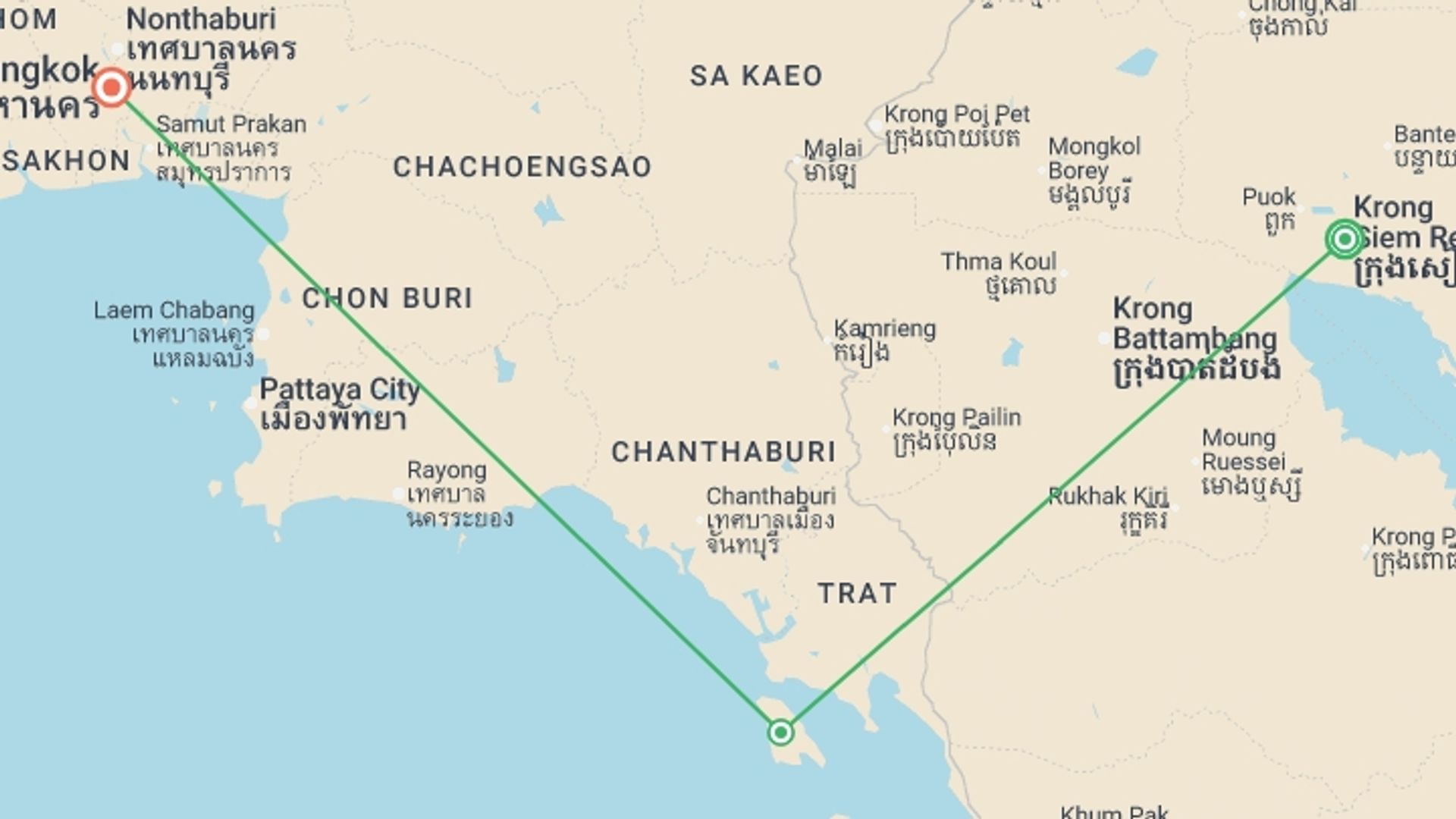 A map showing the tour itinerary for the trip: Cambodia & Thailand: Angkor Wat, Koh Rong & Cardamom Mountain Adventure, starting in Siem Reap, Cambodia and ending in Bangkok, Thailand going through 1 other destinations.