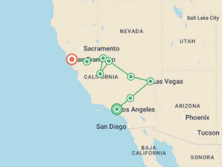 Map of Mammoth Lakes Tour with 5 destination visits for the trip: Mojave, Death Valley & Yosemite - 7 days