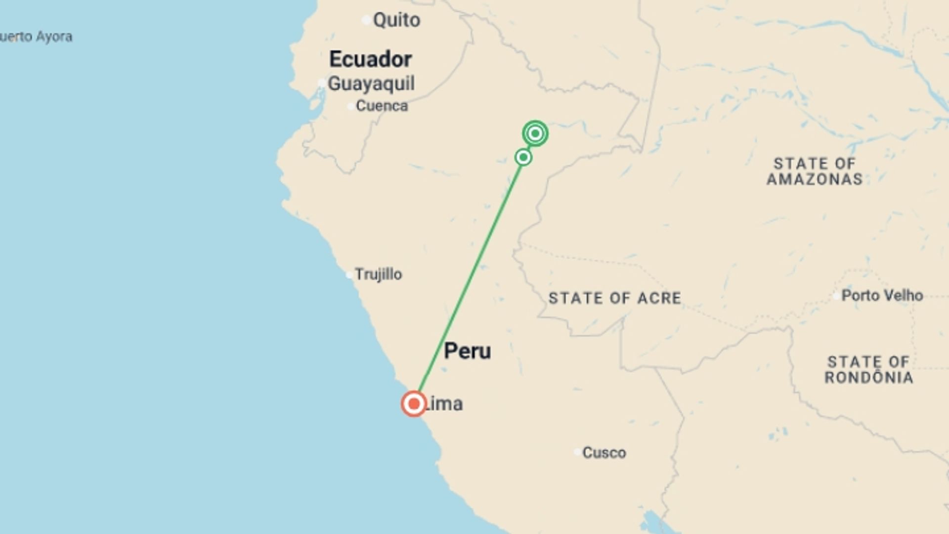A map showing the tour itinerary for the trip: 4 Days Peruvian Amazon Cruise, starting in Nauta, Peru and ending in Lima, Peru going through 1 other destinations.