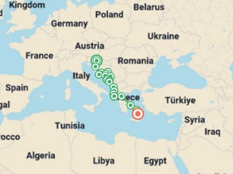 Map itinerary of Mediterranean Tour in September 2027 with 21 destination visits for the trip: Zagreb to Santorini: 35 Unforgettable Days