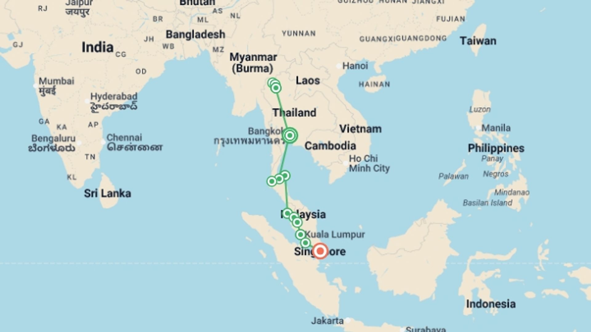 A map showing the tour itinerary for the trip: Southeast Asia: Hilltribes & Street Food, starting in Bangkok, Thailand and ending in Singapore, Singapore going through 11 other destinations.