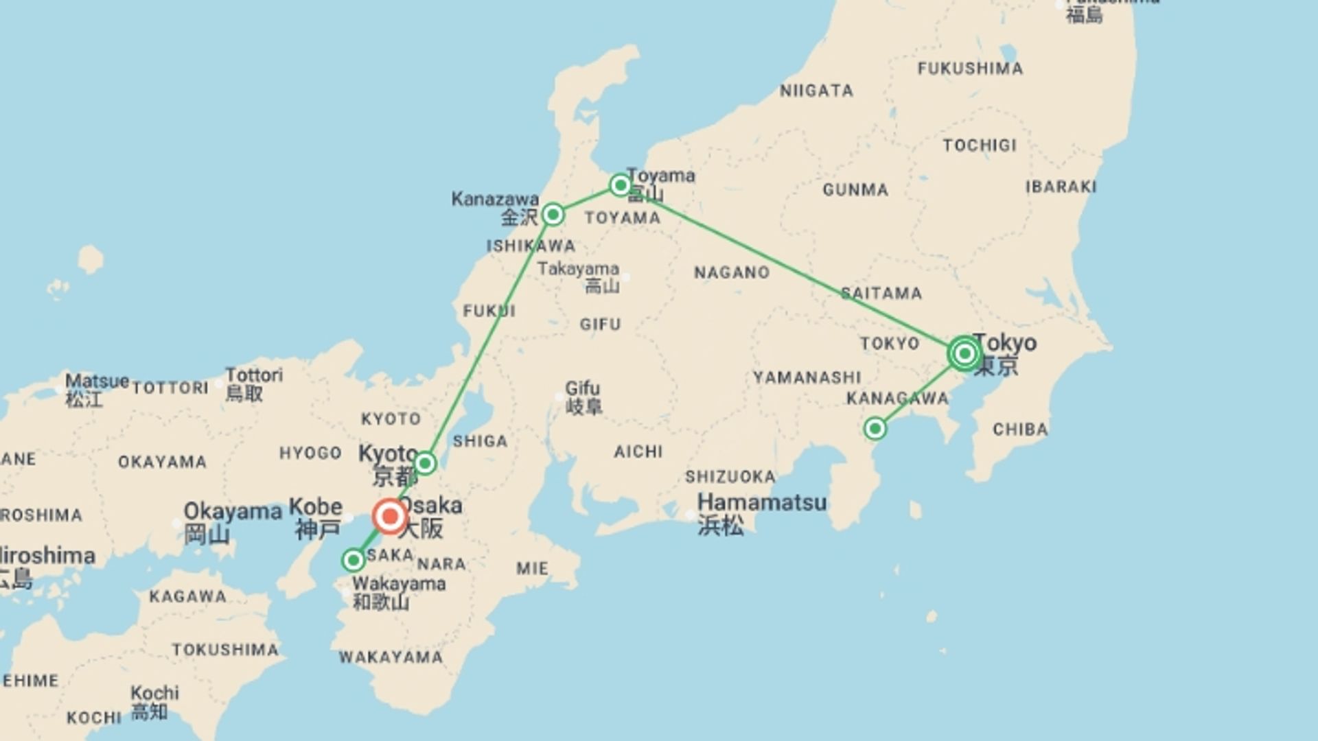 A map showing the tour itinerary for the trip: Explore Japanese Alps: Encounter Snow Monkeys in Japan, starting in Tokyo, Japan and ending in Osaka, Japan going through 5 other destinations.