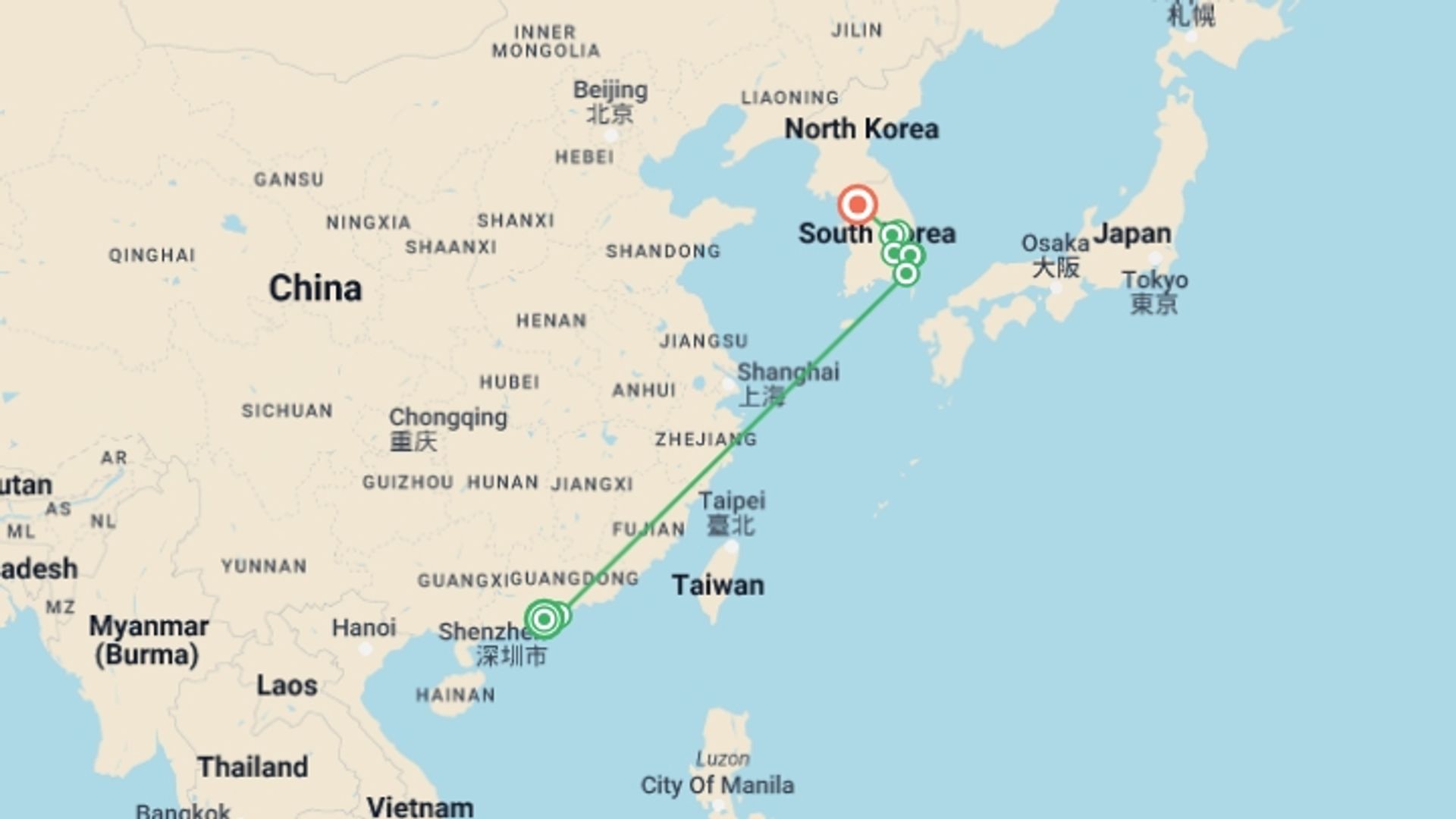 A map showing the tour itinerary for the trip: Macau, Hong Kong, and Korea, starting in Hong Kong, Hong Kong and ending in Seoul, South Korea going through 3 other destinations.