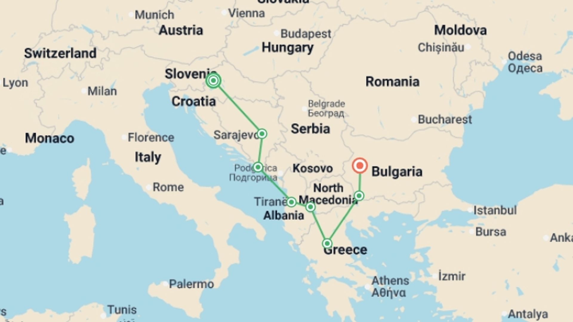 A map showing the tour itinerary for the trip: Balkan Dreams end Bulgaria, starting in Zagreb, Croatia and ending in Sofia, Bulgaria going through 6 other destinations.