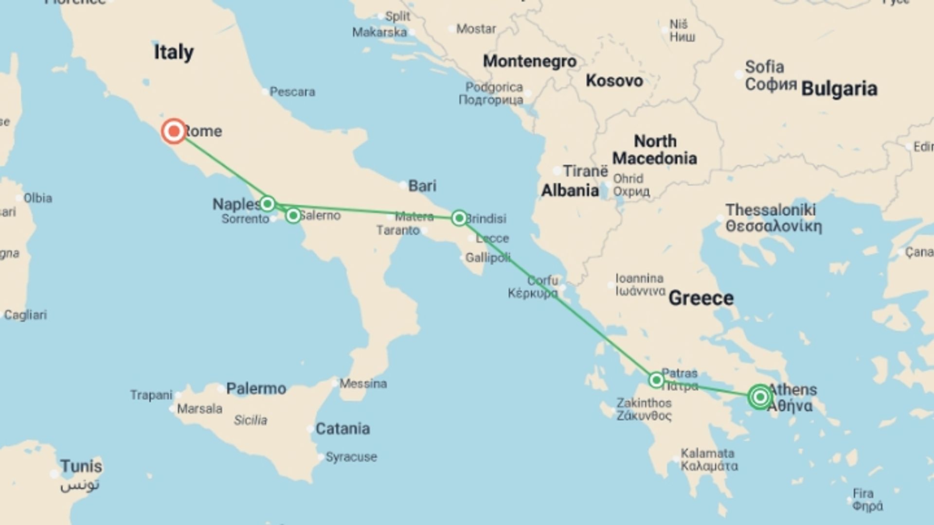 A map showing the tour itinerary for the trip: Athens, Peninsula, Heart of Italy with Sorrento, starting in Athens, Greece and ending in Rome, Italy going through 4 other destinations.