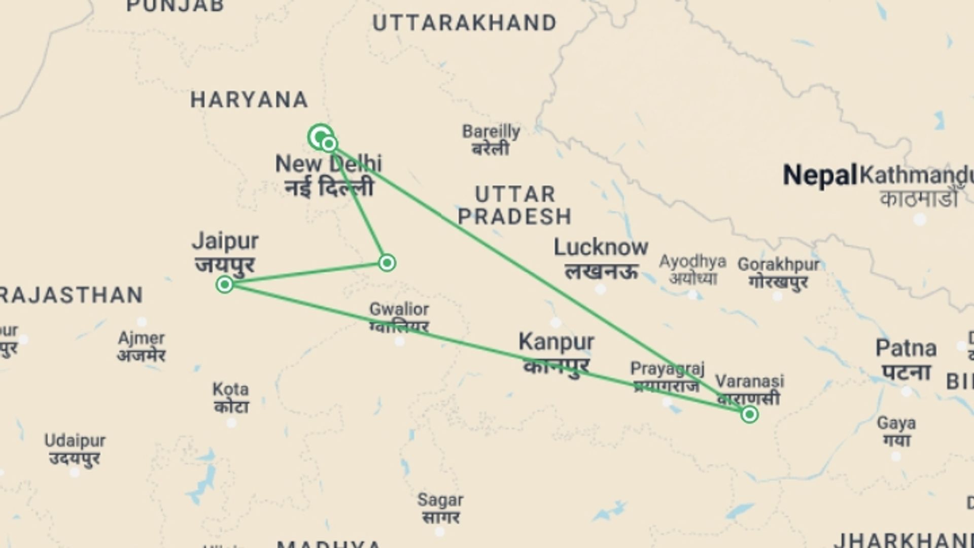 A map showing the tour itinerary for the trip: Golden Triangle With Sacred Varanasi, starting in Delhi & Golden Triangle, India and ending in Delhi & Golden Triangle, India going through 4 other destinations.