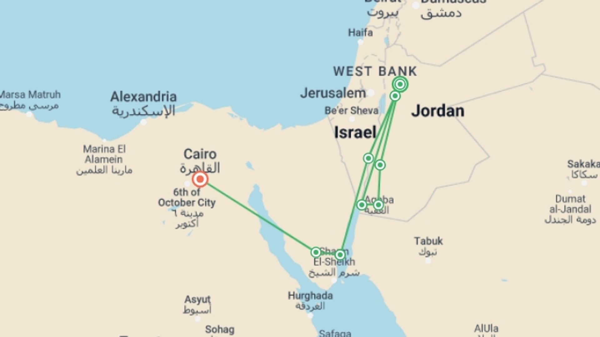 A map showing the tour itinerary for the trip: Jordan to Egypt: Wadi Rum Camping & Dead Sea Floating, starting in Amman, Jordan and ending in Cairo, Egypt going through 7 other destinations.