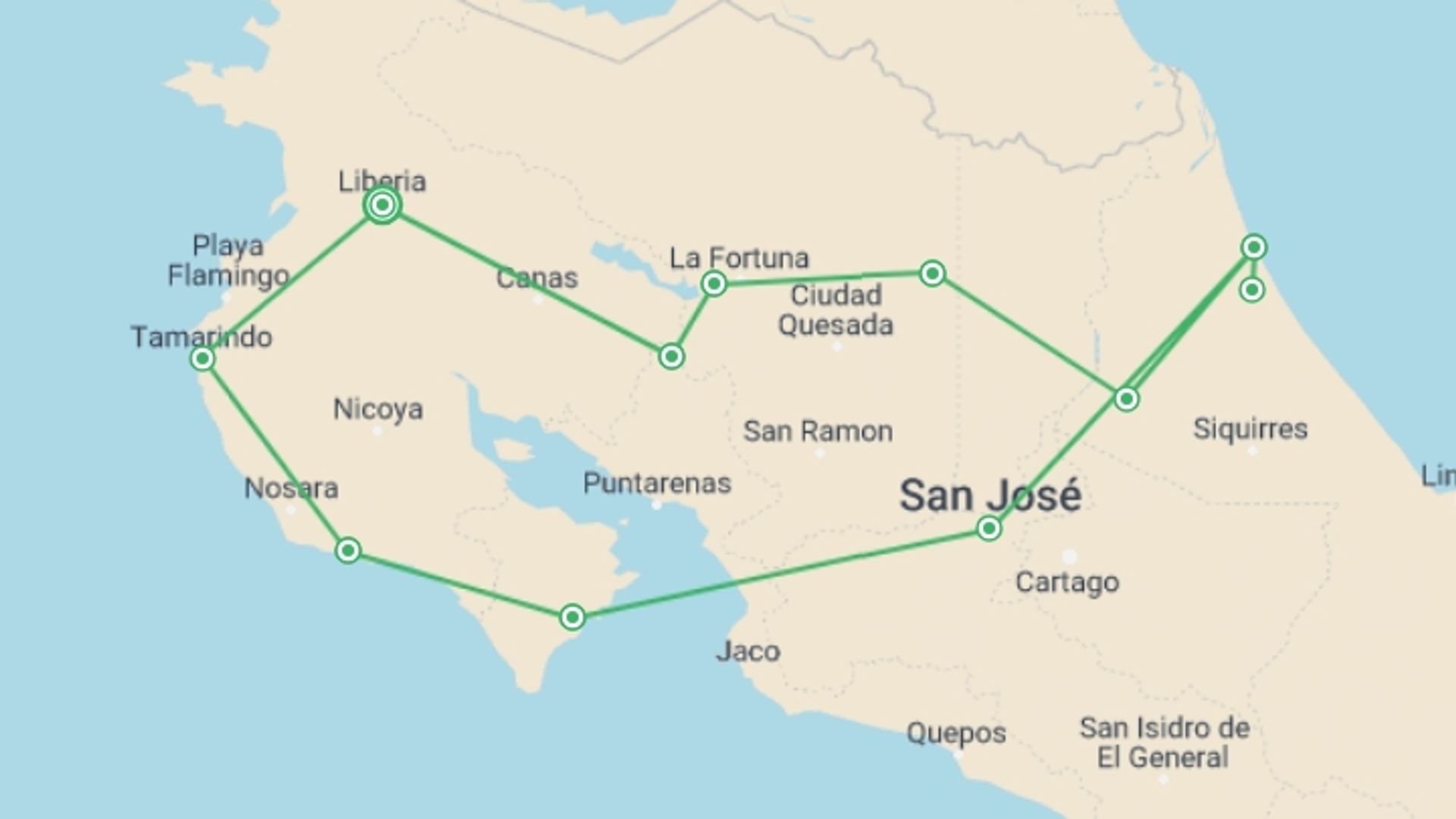 A map showing the tour itinerary for the trip: Beaches And Nature With Tambor, starting in Liberia City, Costa Rica and ending in Liberia City, Costa Rica going through 9 other destinations.