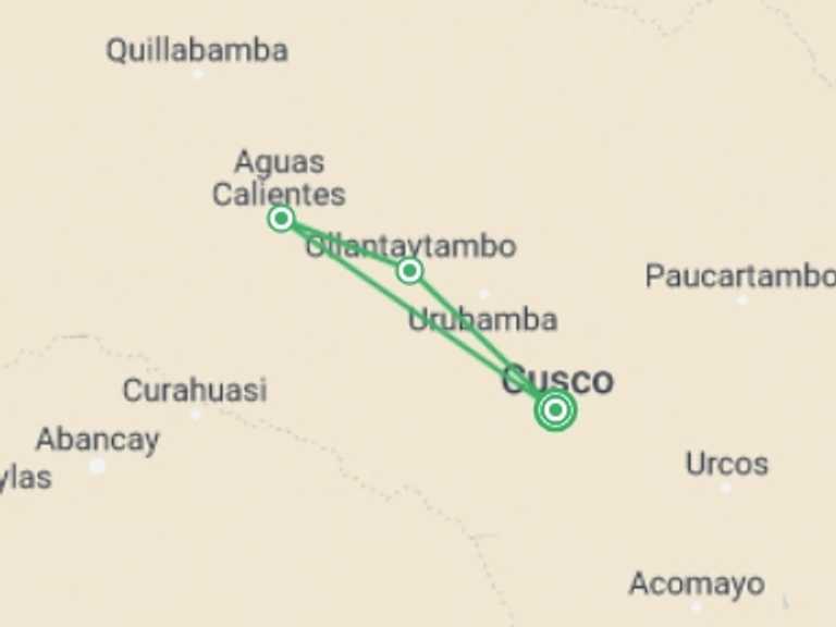 Map itinerary of Peru Tour in May 2027 with 4 destination visits for the trip: Inca Soul Experience 6 Days / 5 Nights