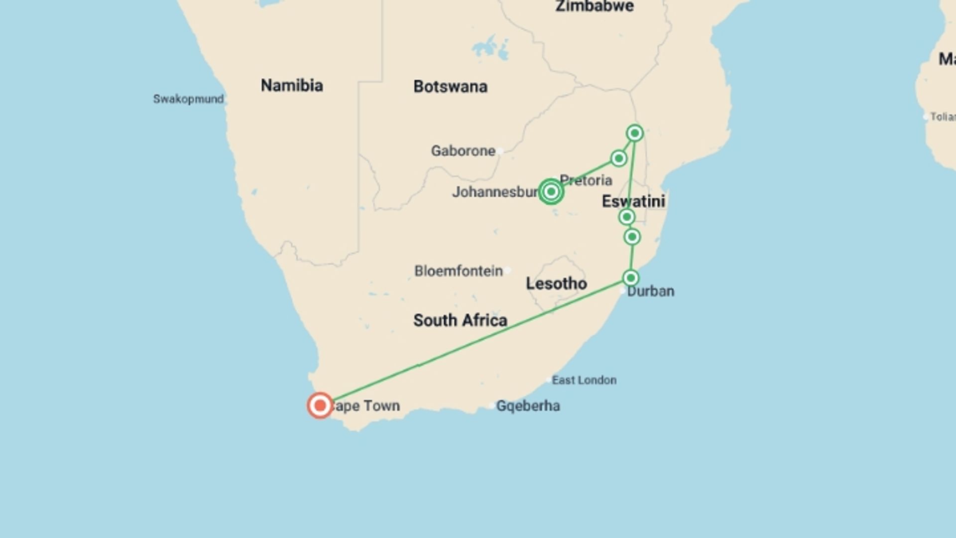 A map showing the tour itinerary for the trip: South Africa Adventure - 12 days, starting in Johannesburg, South Africa and ending in Cape Town, South Africa going through 5 other destinations.