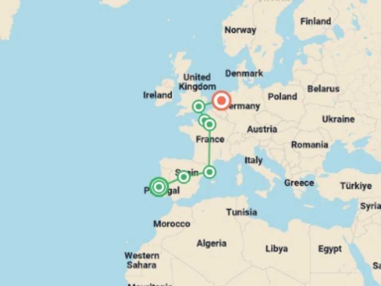 Map of Europe Tour with 8 destination visits for the trip: Western Europe