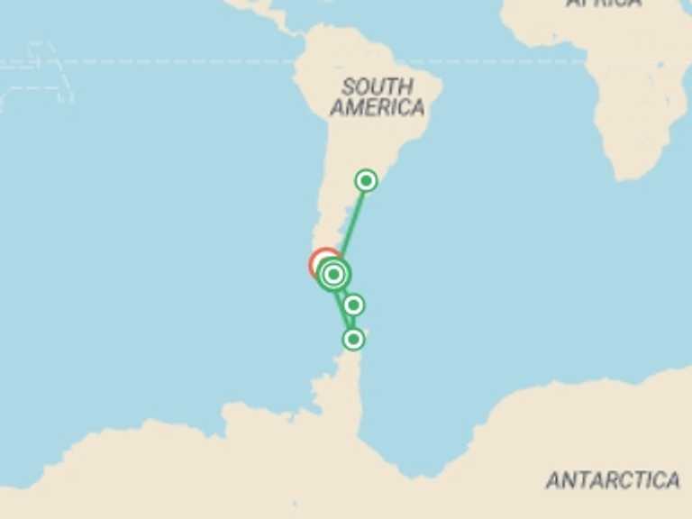 Map itinerary of South America Tour in November 2026 with 5 destination visits for the trip: Antarctic Express: Sail South, Fly North