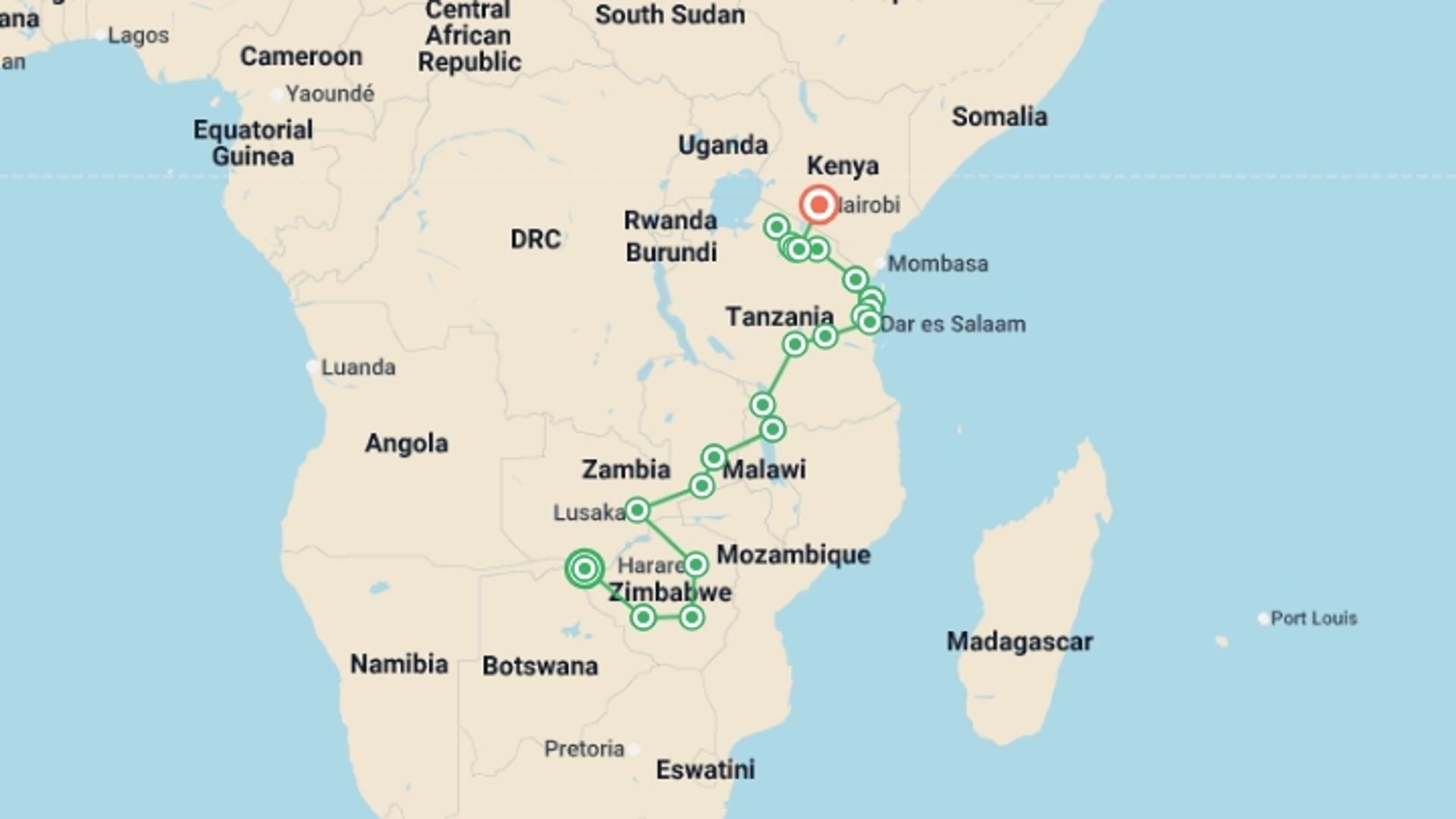 A map showing the tour itinerary for the trip: Vic Falls to Kenya, starting in Victoria Falls, Zimbabwe and ending in Nairobi, Kenya going through 19 other destinations.