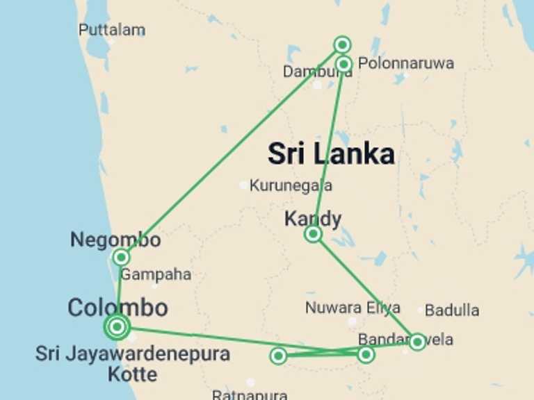 Map itinerary of Sri Lanka Tour in April 2027 with 9 destination visits for the trip: Hidden Gems and Iconic Highlights of Sri Lanka