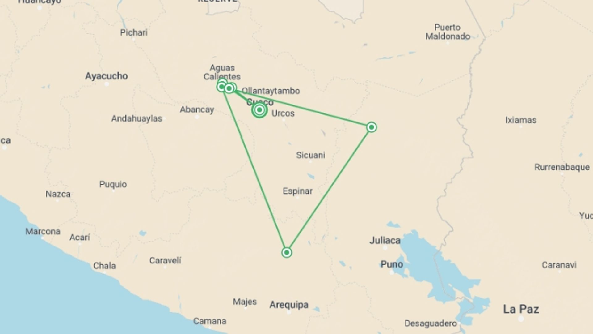 A map showing the tour itinerary for the trip: Inca Trail to Machu Picchu 4 days with Vistadome Train, starting in Cusco, Peru and ending in Cusco, Peru going through 4 other destinations.
